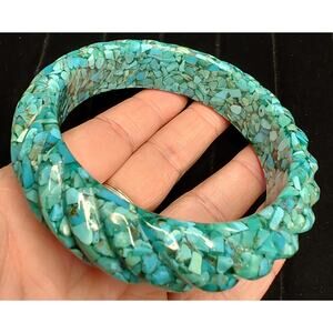 Vintage Bange Bracelet Turquoise Chip In Carved Resin Estate Jewelry Chunky
